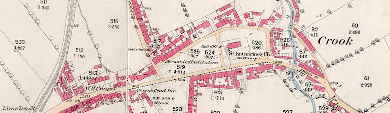 Crook town centre, from 1st edition Ordnance Survey map, c.1856, © Durham Record Office (DT(33.04)A and DT(34.01)A)