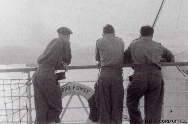 Three DLI National Service officers leaving Pusan for England, 13 July 1953. Image © Durham Record Office (D/DLI 7/869/1(553))